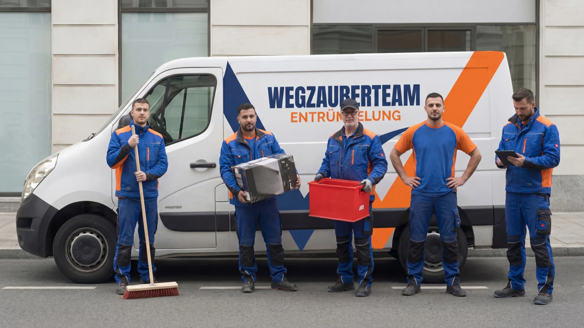 Das Wegzauberteam – fünf Mitarbeiter in Berufskleidung vor dem Firmenfahrzeug, professionelle Entrümpelungsfirma im Ruhrgebiet